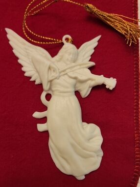 White Angel Violin Ornament with Gold Hanging Cord